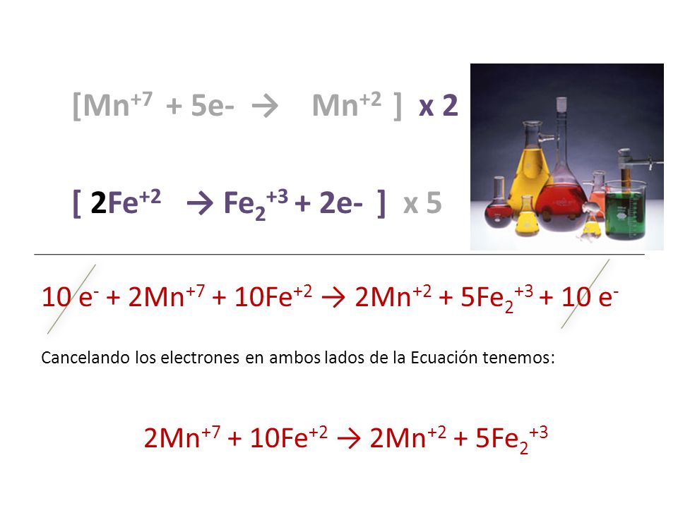 [Mn+7 + 5e- → Mn+2 ] x 2 [ 2Fe+2 → Fe e- ] x 5