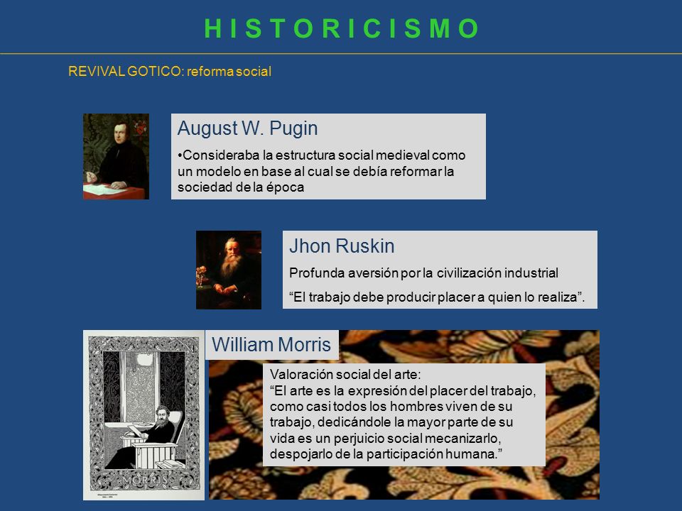 H I S T O R I C I S M O August W. Pugin Jhon Ruskin William Morris
