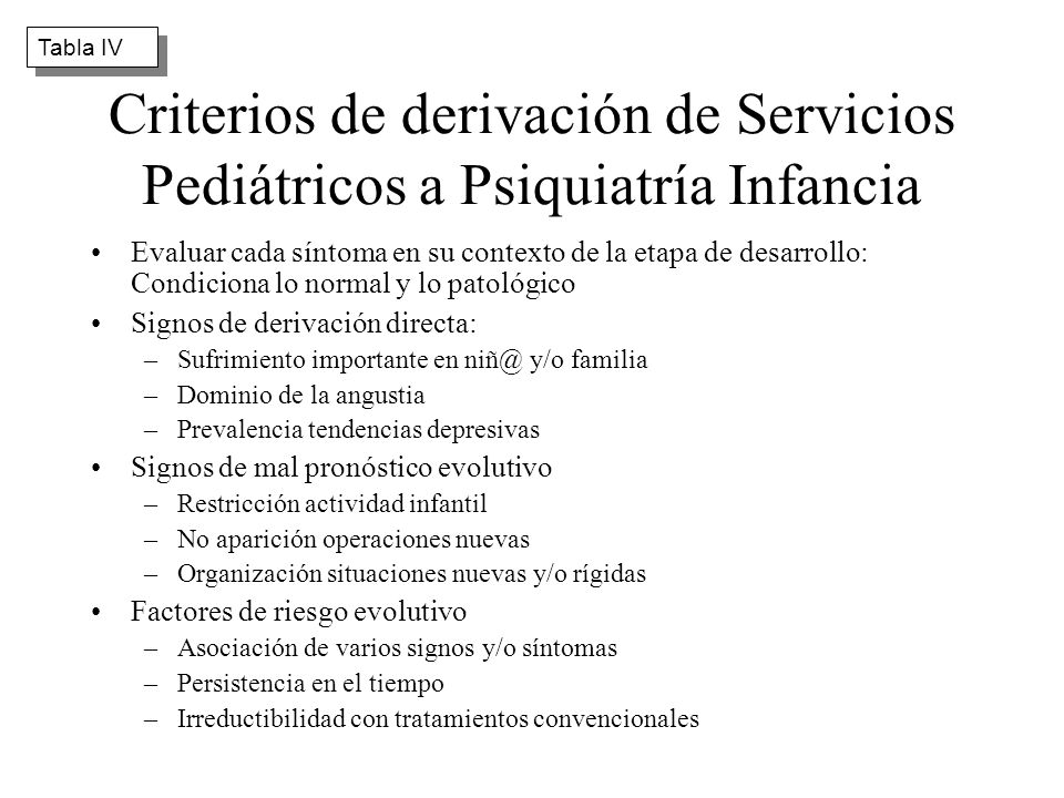 Tabla IV Criterios de derivación de Servicios Pediátricos a Psiquiatría Infancia.