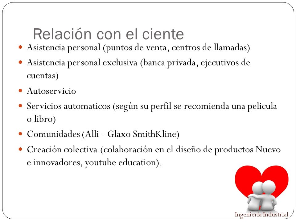 Relación con el ciente Asistencia personal (puntos de venta, centros de llamadas)