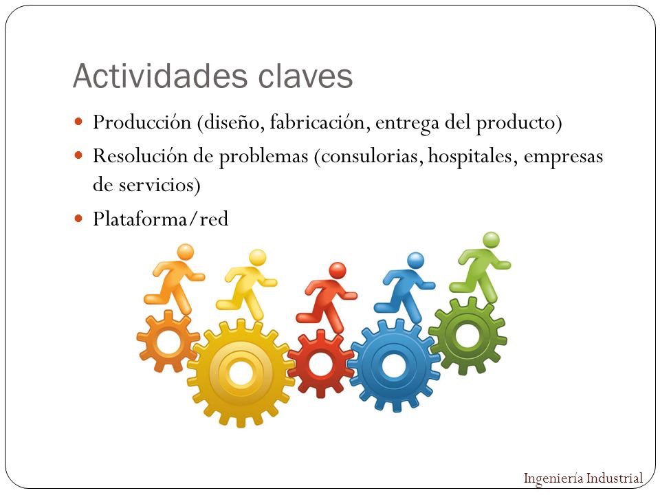 Actividades claves Producción (diseño, fabricación, entrega del producto) Resolución de problemas (consulorias, hospitales, empresas de servicios)