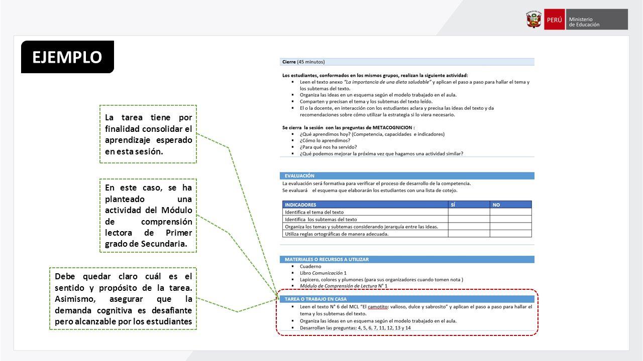 EJEMPLO La tarea tiene por finalidad consolidar el aprendizaje esperado en esta sesión.