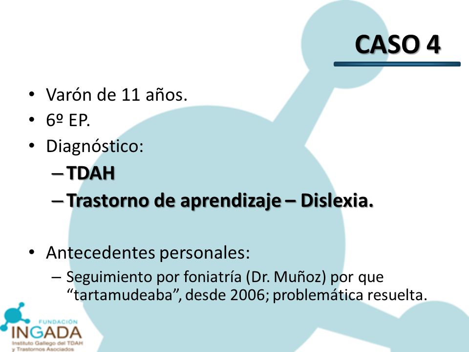 CASO 4 TDAH Trastorno de aprendizaje – Dislexia. Varón de 11 años.