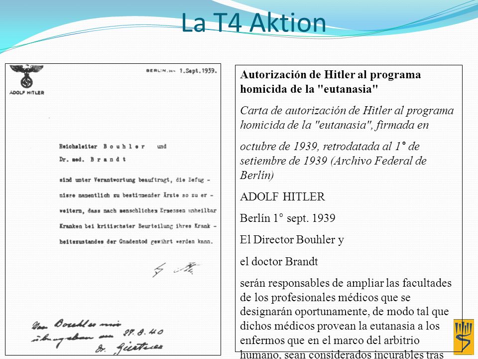 La T4 Aktion Autorización de Hitler al programa homicida de la eutanasia