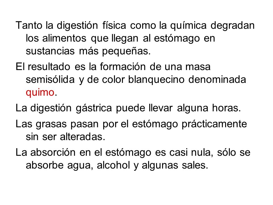 Tanto la digestión física como la química degradan los alimentos que llegan al estómago en sustancias más pequeñas.