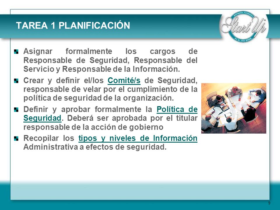 TAREA 1 PLANIFICACIÓN Asignar formalmente los cargos de Responsable de Seguridad, Responsable del Servicio y Responsable de la Información.