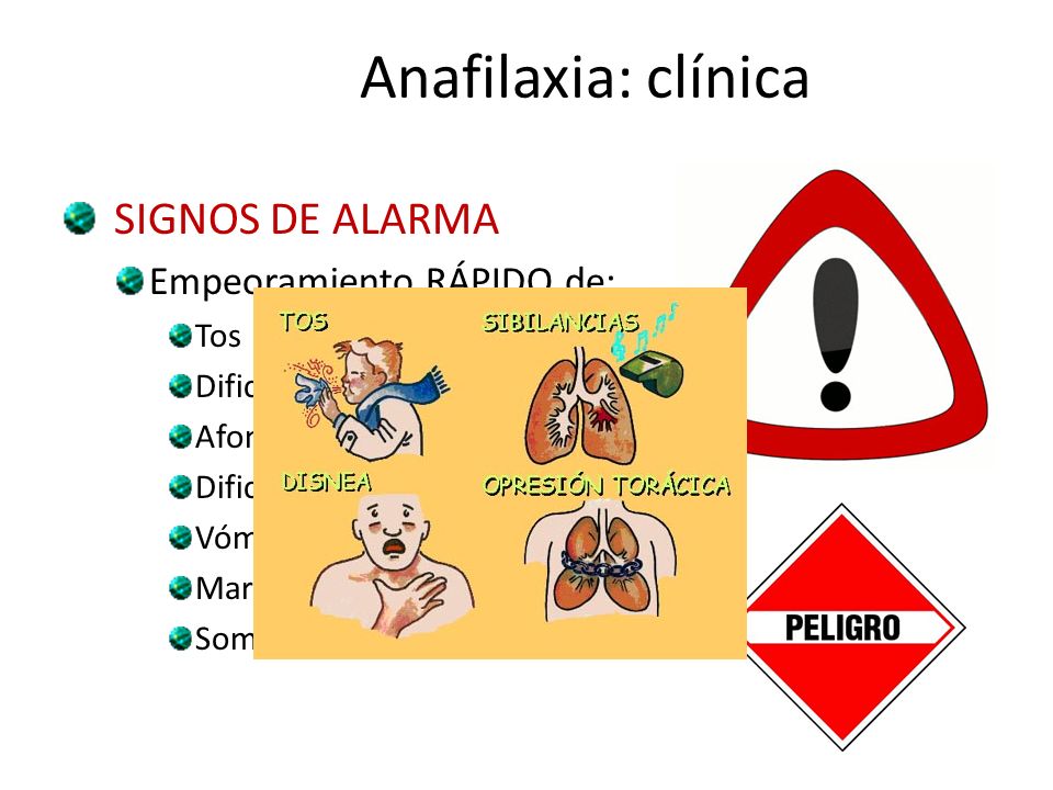 Anafilaxia: clínica SIGNOS DE ALARMA Empeoramiento RÁPIDO de: Tos