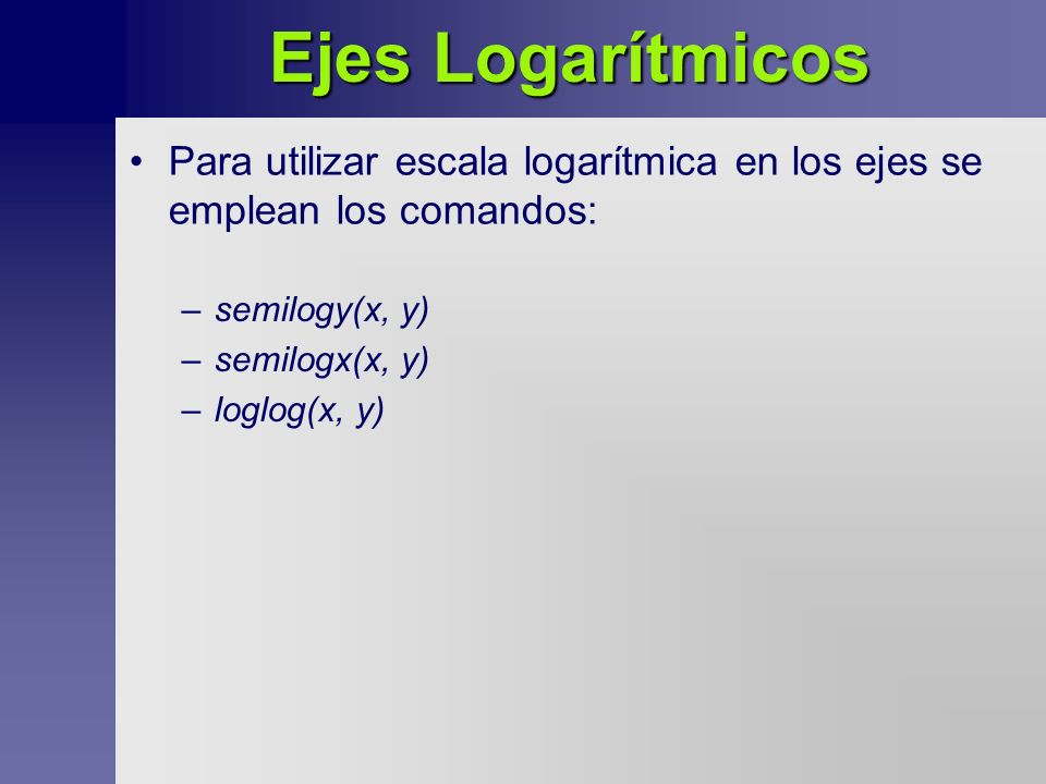 Ejes Logarítmicos Para utilizar escala logarítmica en los ejes se emplean los comandos: semilogy(x, y)