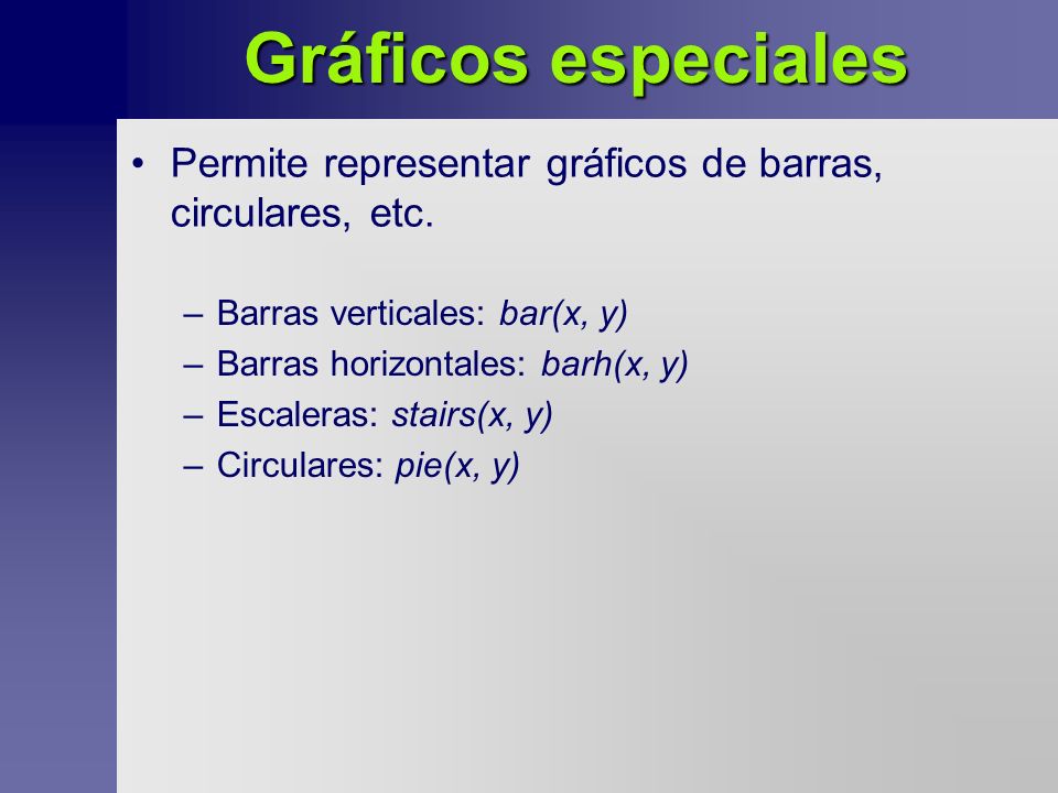 Gráficos especiales Permite representar gráficos de barras, circulares, etc. Barras verticales: bar(x, y)