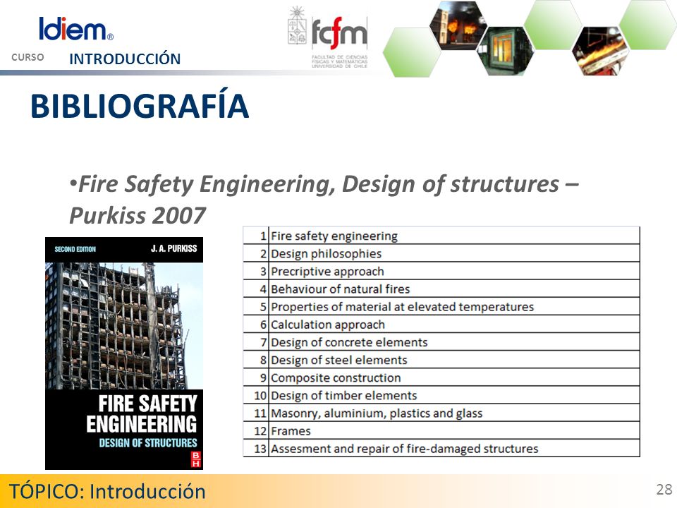 CURSO INTRODUCCIÓN. BIBLIOGRAFÍA. Fire Safety Engineering, Design of structures – Purkiss TÓPICO: Introducción.