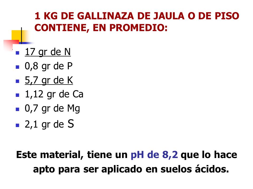 1 KG DE GALLINAZA DE JAULA O DE PISO CONTIENE, EN PROMEDIO: