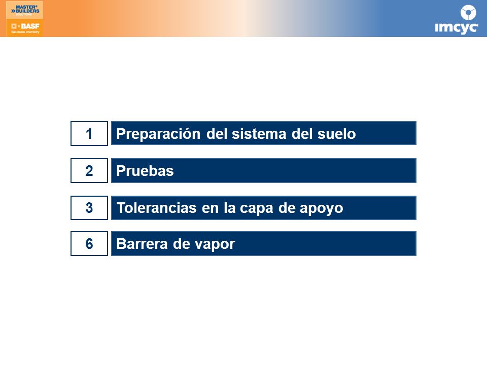 1 Preparación del sistema del suelo 2 Pruebas 3 Tolerancias en la capa de apoyo 6 Barrera de vapor