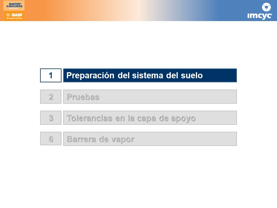 1 Preparación del sistema del suelo 2 Pruebas 3 Tolerancias en la capa de apoyo 6 Barrera de vapor