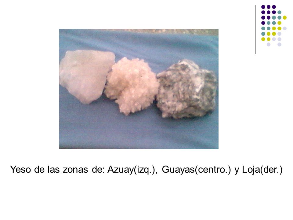 Yeso de las zonas de: Azuay(izq.), Guayas(centro.) y Loja(der.)