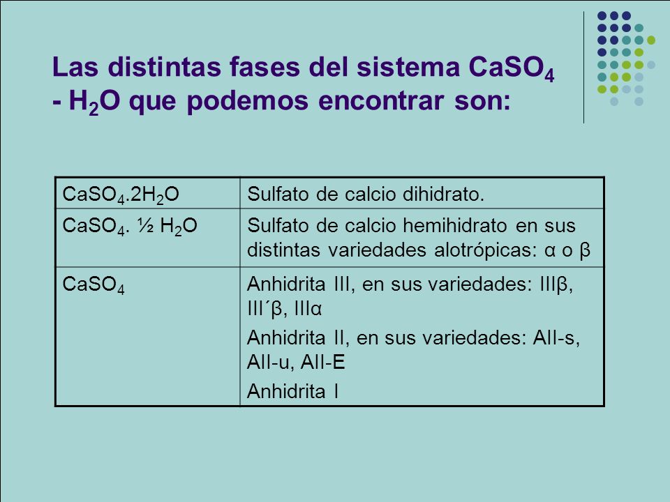 Las distintas fases del sistema CaSO4 - H2O que podemos encontrar son: