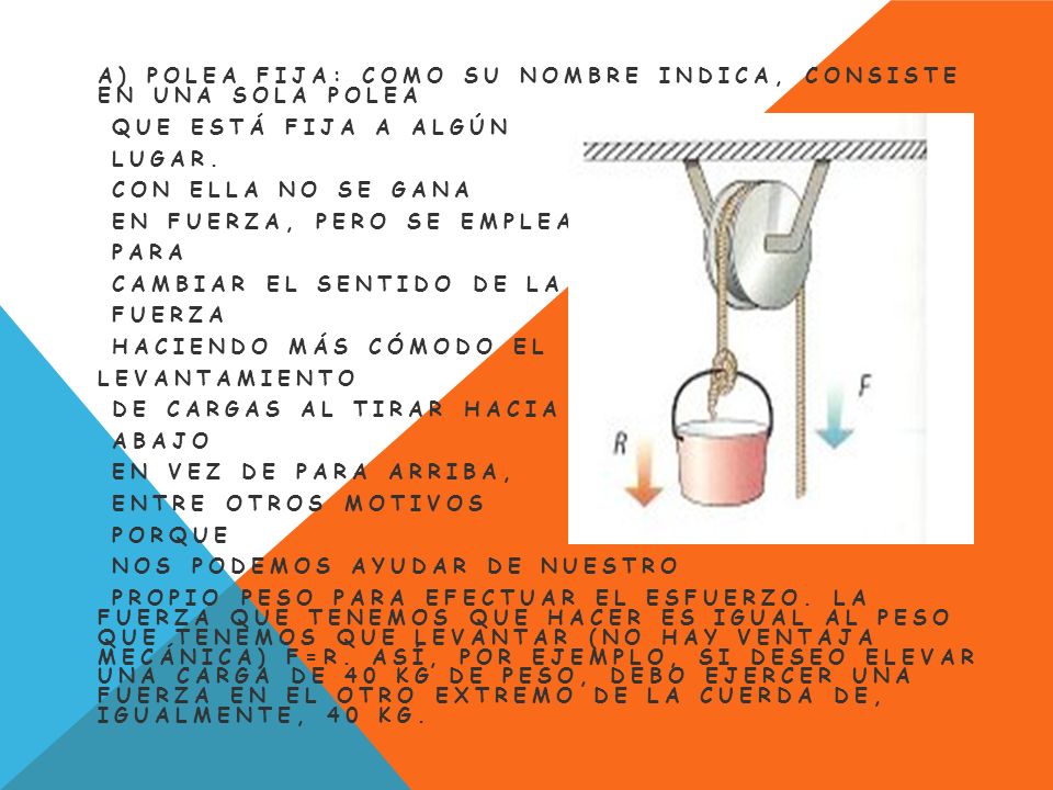 a) Polea fija: Como su nombre indica, consiste en una sola polea