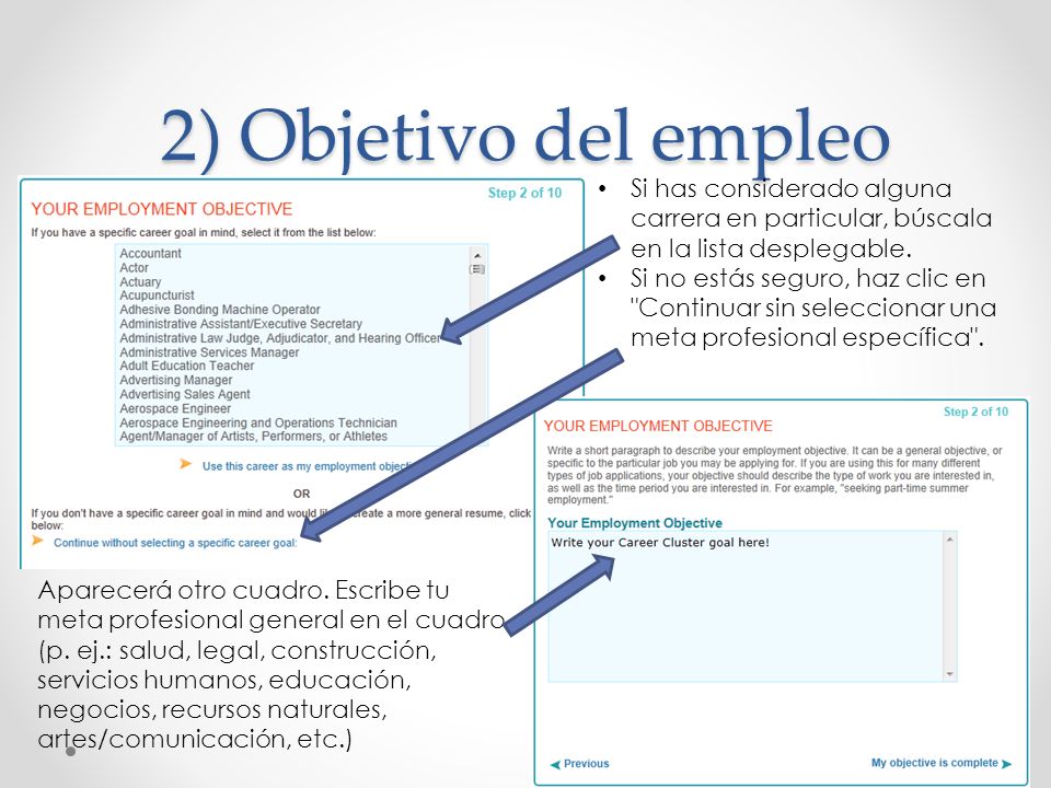 2) Objetivo del empleo Si has considerado alguna carrera en particular, búscala en la lista desplegable.