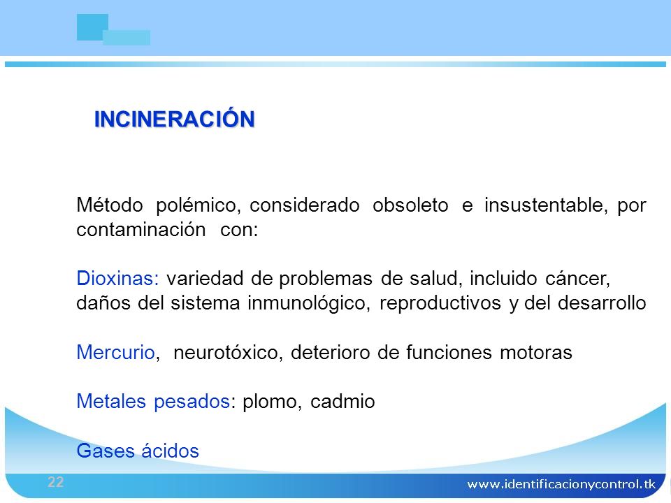 INCINERACIÓN Método polémico, considerado obsoleto e insustentable, por contaminación con: