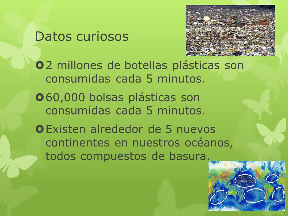 Datos curiosos 2 millones de botellas plásticas son consumidas cada 5 minutos. 60,000 bolsas plásticas son consumidas cada 5 minutos.