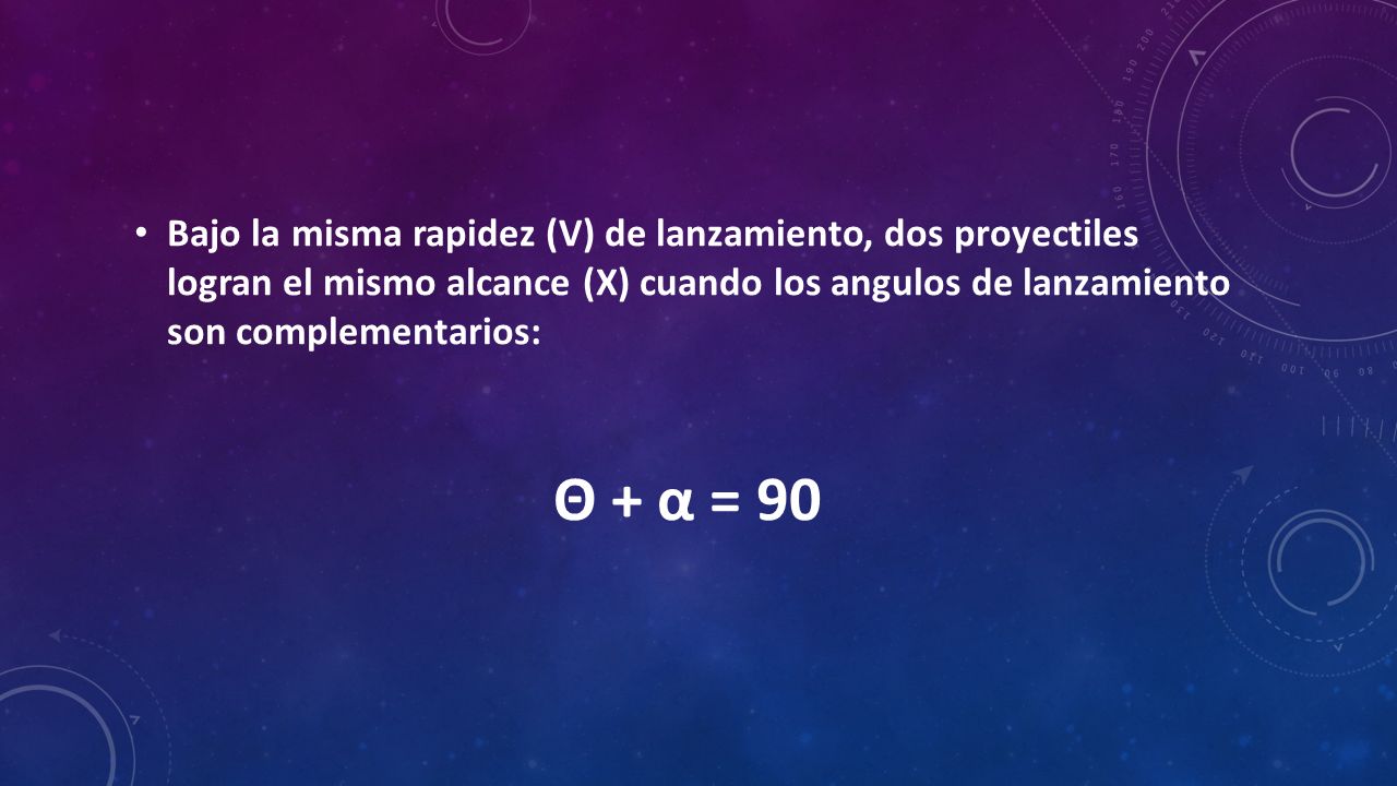 Bajo la misma rapidez (V) de lanzamiento, dos proyectiles logran el mismo alcance (X) cuando los angulos de lanzamiento son complementarios: