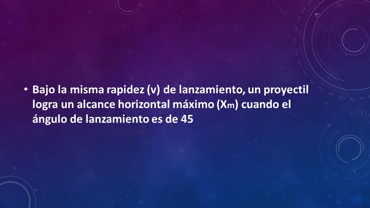 Bajo la misma rapidez (v) de lanzamiento, un proyectil logra un alcance horizontal máximo (Xm) cuando el ángulo de lanzamiento es de 45