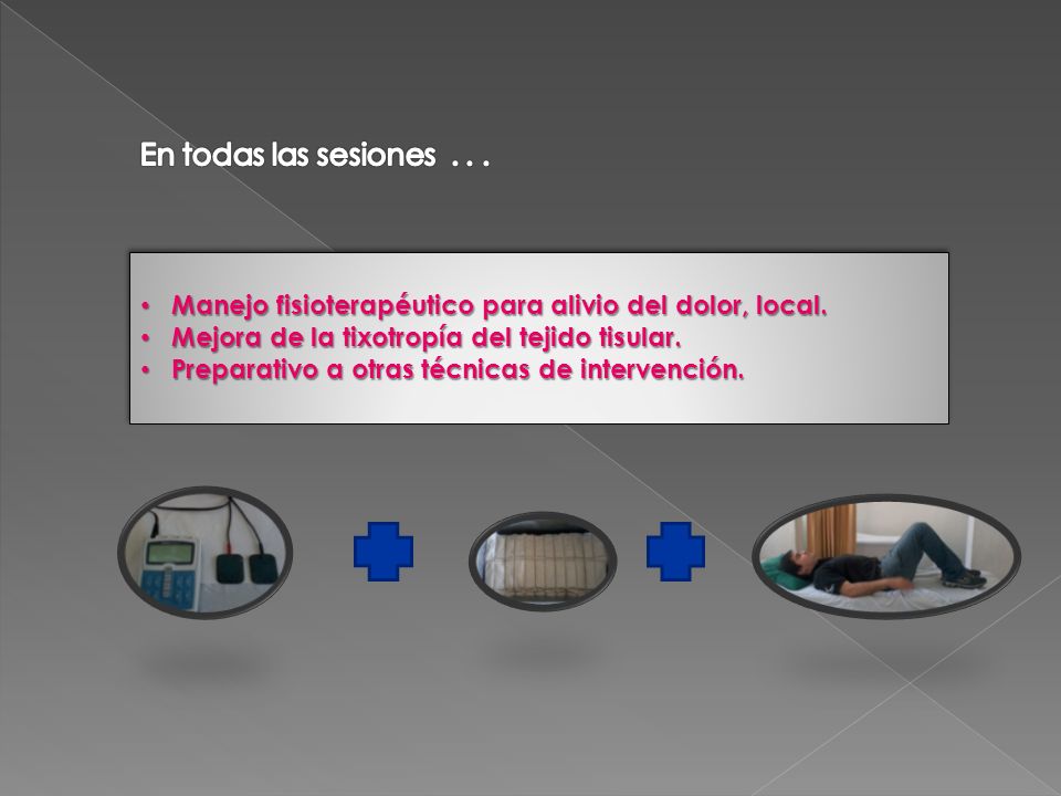 En todas las sesiones Manejo fisioterapéutico para alivio del dolor, local. Mejora de la tixotropía del tejido tisular.