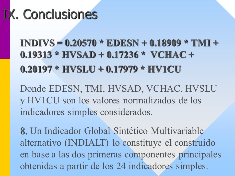 IX. Conclusiones INDIVS = * EDESN * TMI * HVSAD * VCHAC * HVSLU * HV1CU.