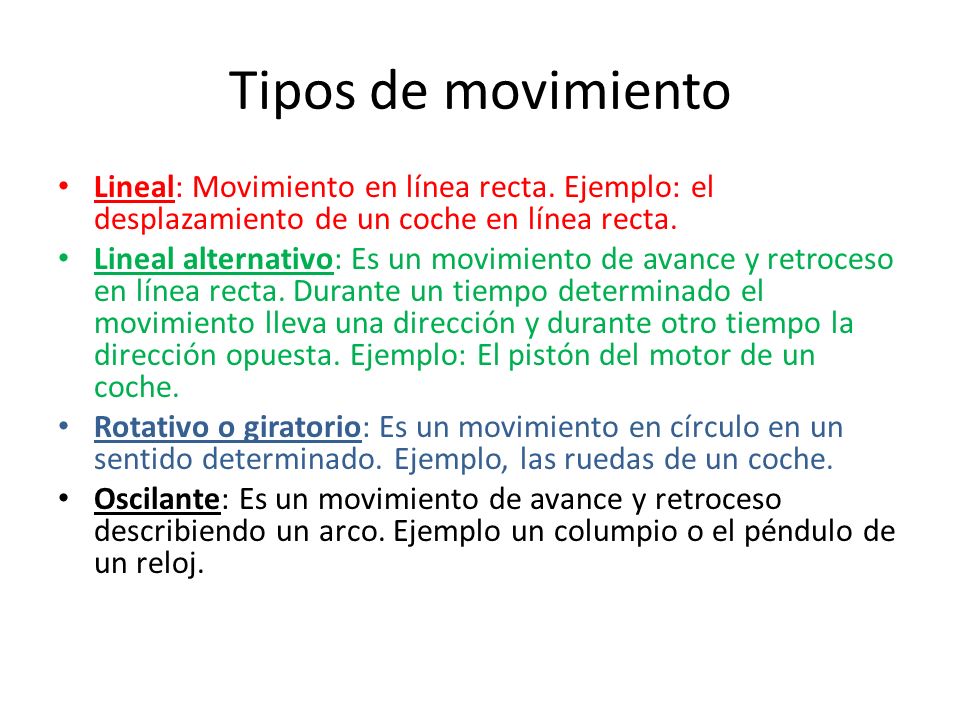 Tipos de movimiento Lineal: Movimiento en línea recta. Ejemplo: el desplazamiento de un coche en línea recta.