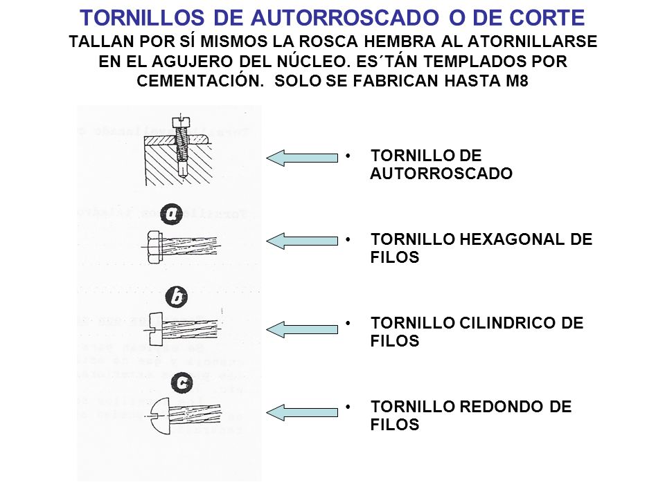 TORNILLOS DE AUTORROSCADO O DE CORTE TALLAN POR SÍ MISMOS LA ROSCA HEMBRA AL ATORNILLARSE EN EL AGUJERO DEL NÚCLEO. ES´TÁN TEMPLADOS POR CEMENTACIÓN. SOLO SE FABRICAN HASTA M8