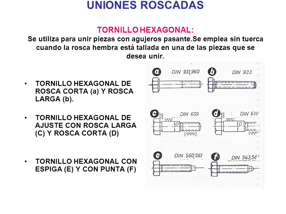 UNIONES ROSCADAS TORNILLO HEXAGONAL: Se utiliza para unir piezas con agujeros pasante.Se emplea sin tuerca cuando la rosca hembra está tallada en una de las piezas que se desea unir.