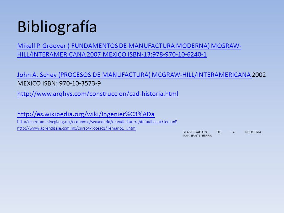 Bibliografía Mikell P. Groover ( FUNDAMENTOS DE MANUFACTURA MODERNA) MCGRAW-HILL/INTERAMERICANA 2007 MEXICO ISBN-13: