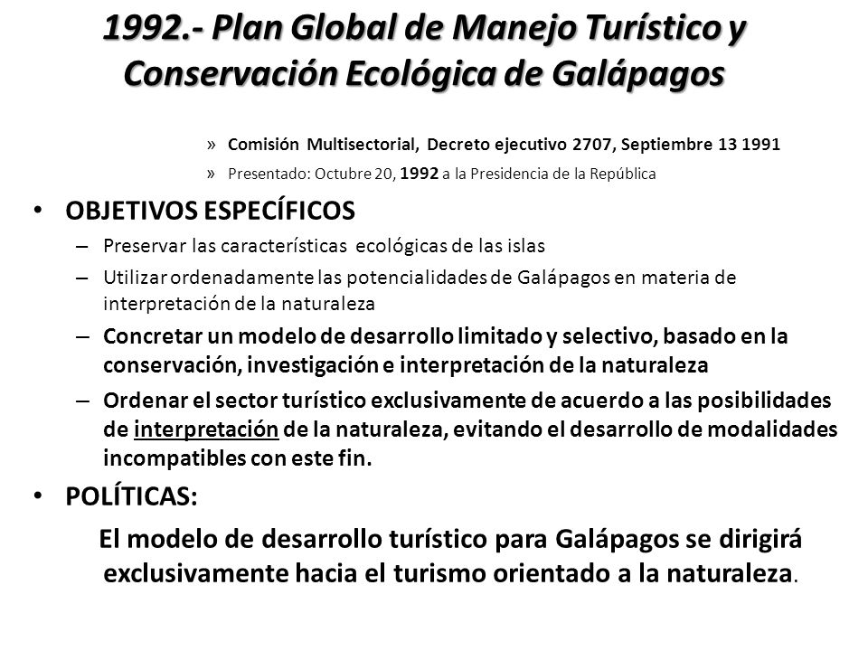 Plan Global de Manejo Turístico y Conservación Ecológica de Galápagos