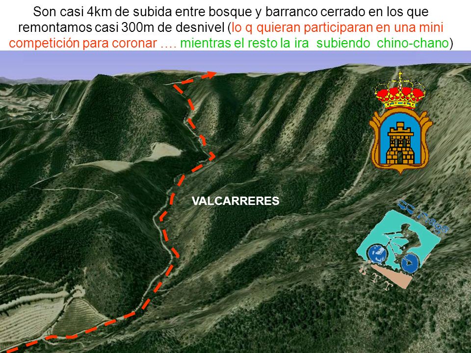 Son casi 4km de subida entre bosque y barranco cerrado en los que remontamos casi 300m de desnivel (lo q quieran participaran en una mini competición para coronar …. mientras el resto la ira subiendo chino-chano)