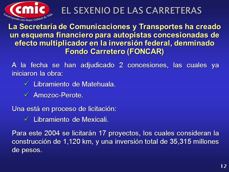 La Secretaría de Comunicaciones y Transportes ha creado un esquema financiero para autopistas concesionadas de efecto multiplicador en la inversión federal, denminado Fondo Carretero (FONCAR)
