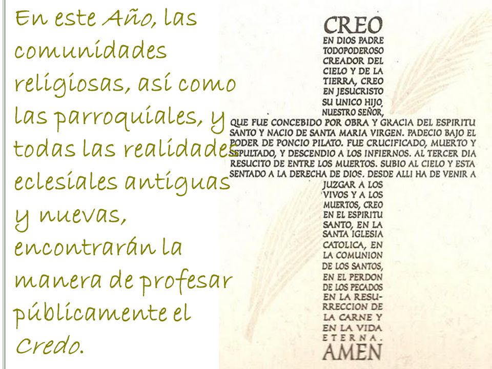 En este Año, las comunidades religiosas, así como las parroquiales, y todas las realidades eclesiales antiguas y nuevas, encontrarán la manera de profesar públicamente el Credo.
