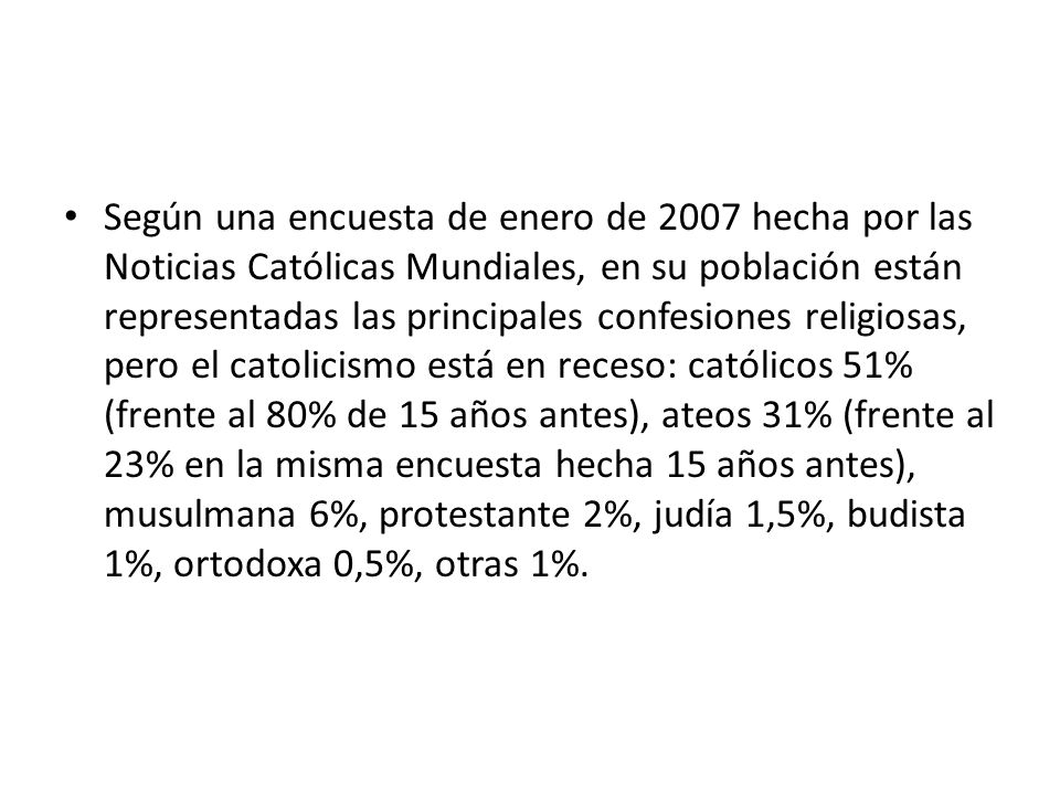 Según una encuesta de enero de 2007 hecha por las Noticias Católicas Mundiales, en su población están representadas las principales confesiones religiosas, pero el catolicismo está en receso: católicos 51% (frente al 80% de 15 años antes), ateos 31% (frente al 23% en la misma encuesta hecha 15 años antes), musulmana 6%, protestante 2%, judía 1,5%, budista 1%, ortodoxa 0,5%, otras 1%.