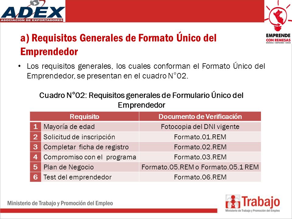 a) Requisitos Generales de Formato Único del Emprendedor