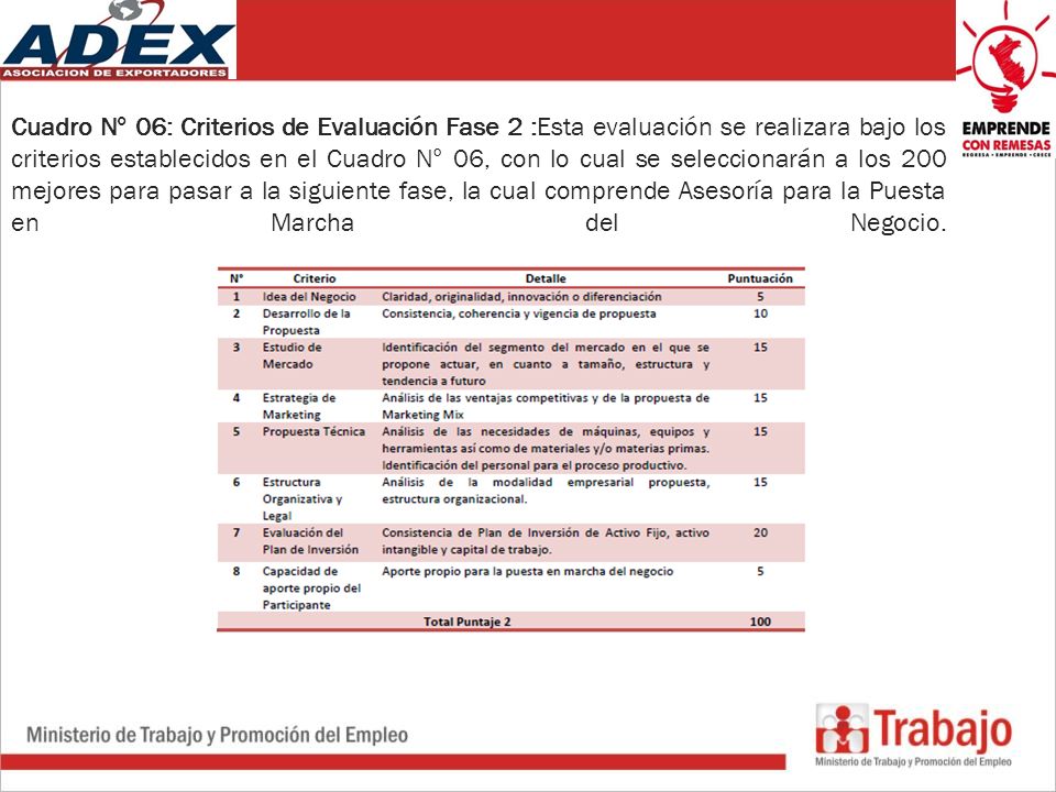 Cuadro N° 06: Criterios de Evaluación Fase 2 :Esta evaluación se realizara bajo los criterios establecidos en el Cuadro N° 06, con lo cual se seleccionarán a los 200 mejores para pasar a la siguiente fase, la cual comprende Asesoría para la Puesta en Marcha del Negocio.