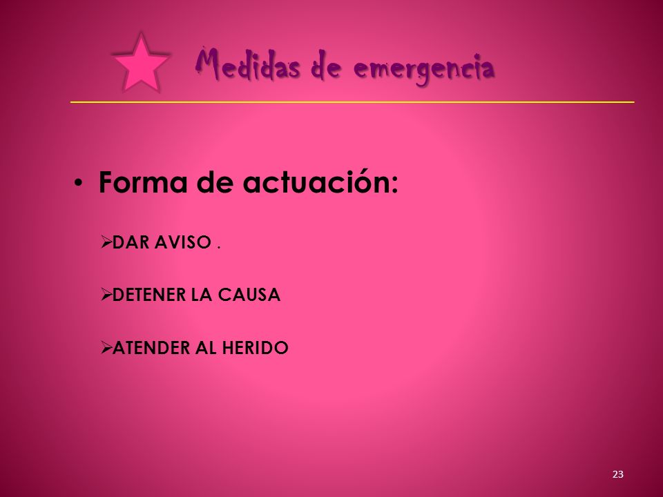 Medidas de emergencia Forma de actuación: DAR AVISO . DETENER LA CAUSA