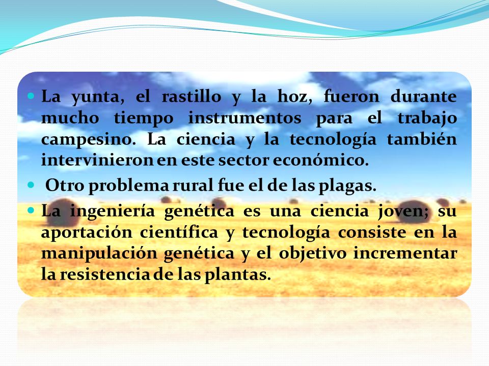 La yunta, el rastillo y la hoz, fueron durante mucho tiempo instrumentos para el trabajo campesino. La ciencia y la tecnología también intervinieron en este sector económico.