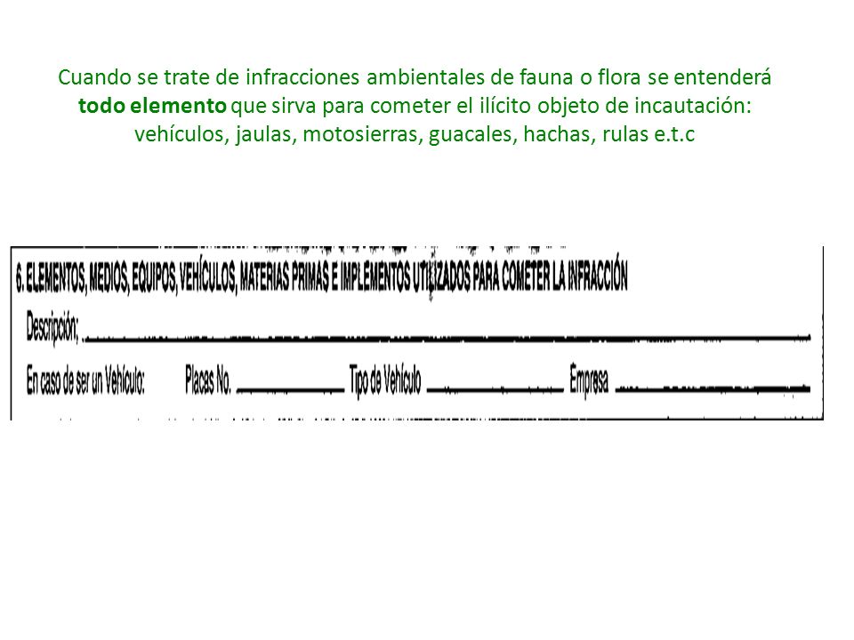Cuando se trate de infracciones ambientales de fauna o flora se entenderá todo elemento que sirva para cometer el ilícito objeto de incautación: vehículos, jaulas, motosierras, guacales, hachas, rulas e.t.c