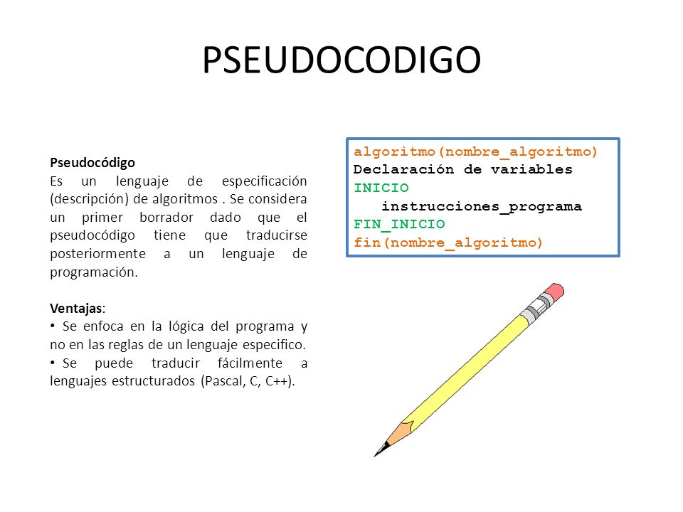 PSEUDOCODIGO algoritmo(nombre_algoritmo) Pseudocódigo