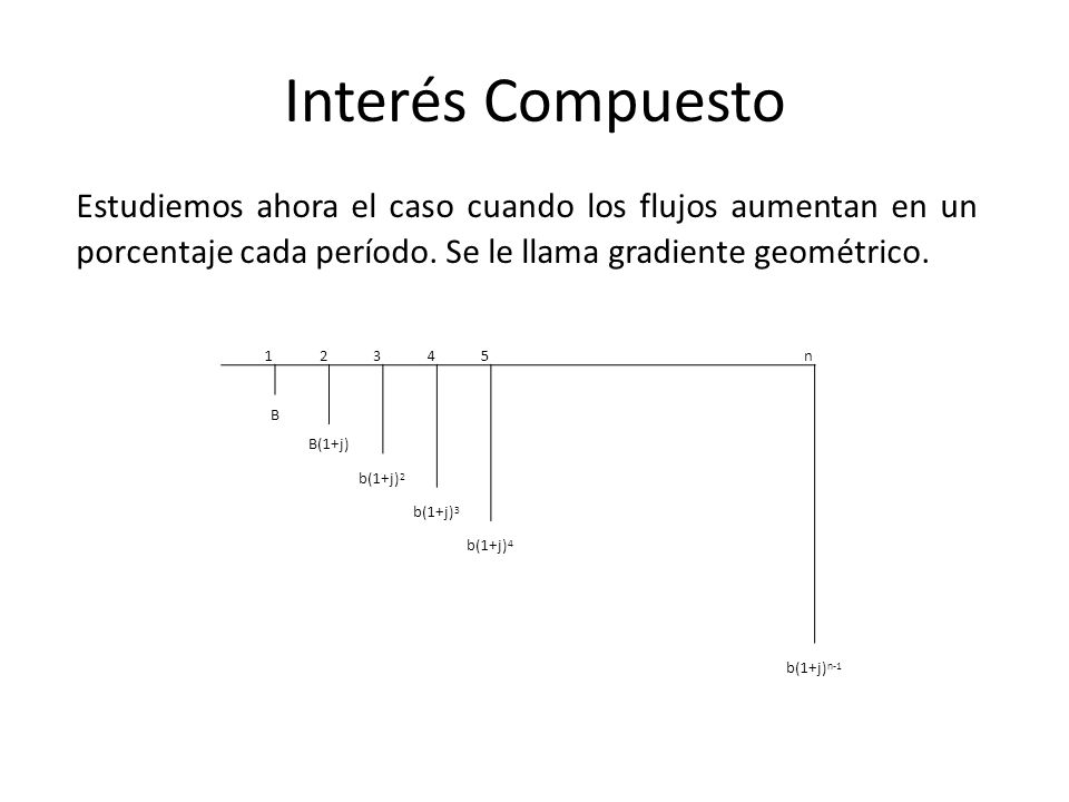 Interés Compuesto Estudiemos ahora el caso cuando los flujos aumentan en un porcentaje cada período. Se le llama gradiente geométrico.