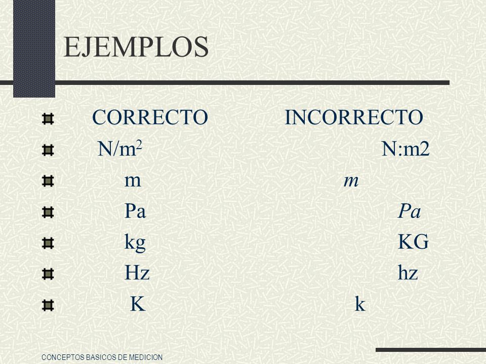 EJEMPLOS CORRECTO INCORRECTO. N/m2 N:m2. m m. Pa Pa. kg KG.