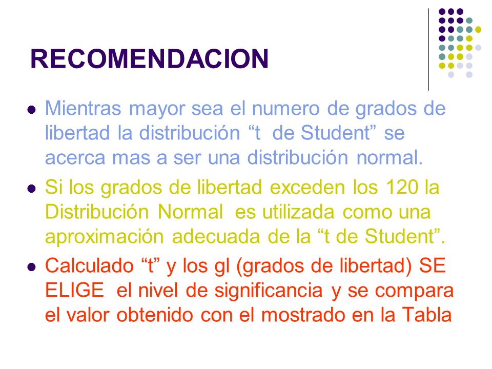 RECOMENDACION Mientras mayor sea el numero de grados de libertad la distribución t de Student se acerca mas a ser una distribución normal.