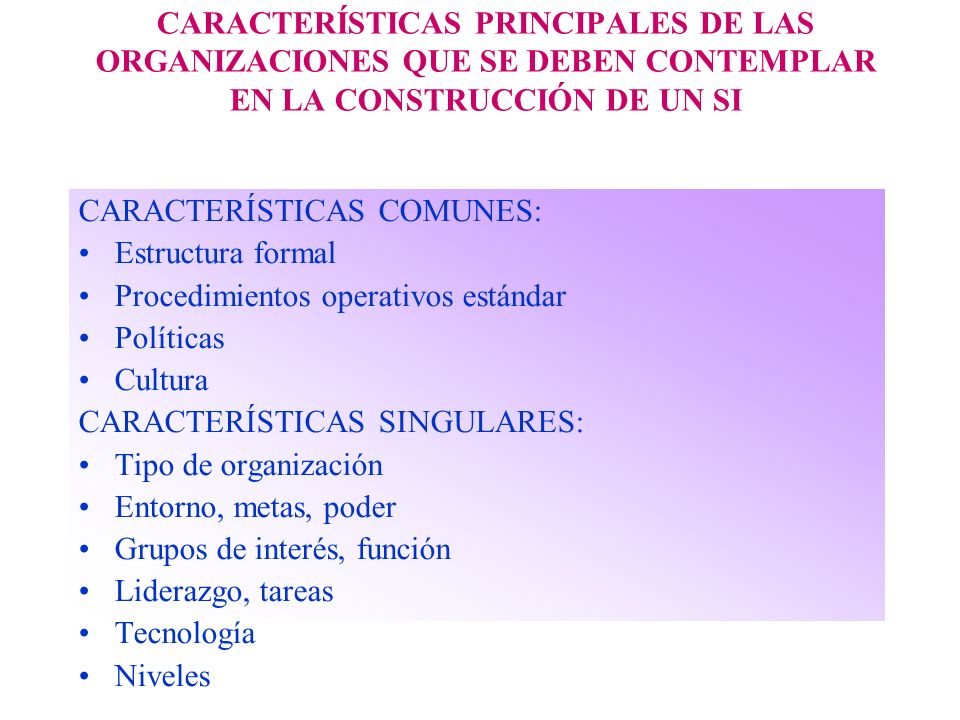 CARACTERÍSTICAS PRINCIPALES DE LAS ORGANIZACIONES QUE SE DEBEN CONTEMPLAR EN LA CONSTRUCCIÓN DE UN SI