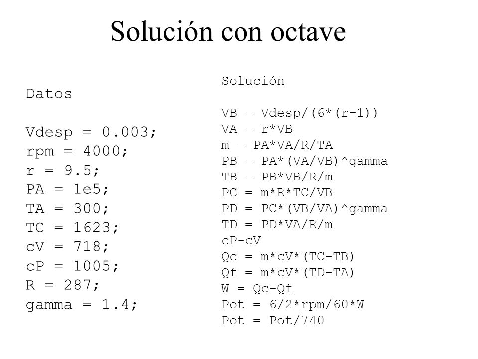 Solución con octave Datos Vdesp = 0.003; rpm = 4000; r = 9.5;