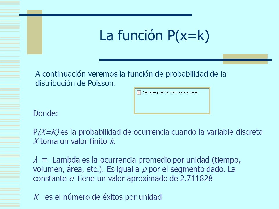 La función P(x=k) A continuación veremos la función de probabilidad de la distribución de Poisson. Donde: