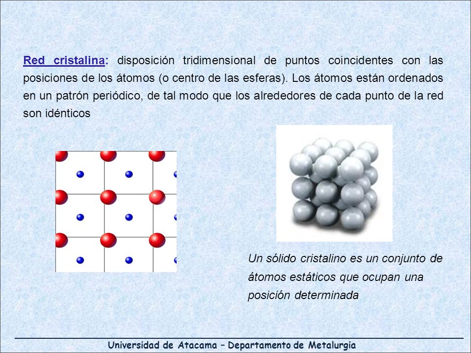 Red cristalina: disposición tridimensional de puntos coincidentes con las posiciones de los átomos (o centro de las esferas). Los átomos están ordenados en un patrón periódico, de tal modo que los alrededores de cada punto de la red son idénticos