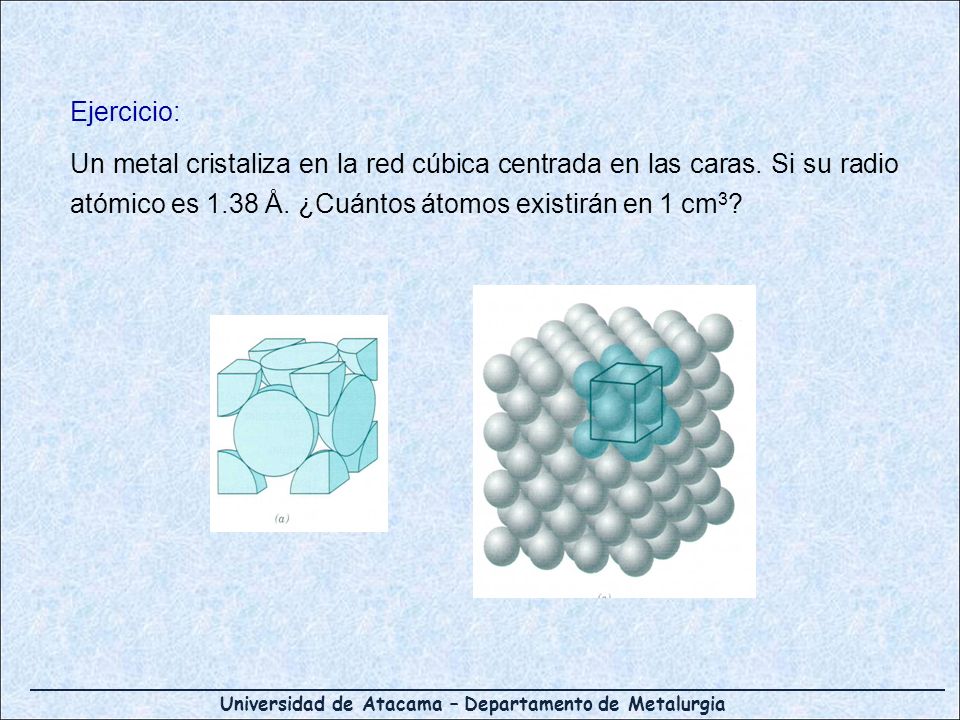 Ejercicio: Un metal cristaliza en la red cúbica centrada en las caras.